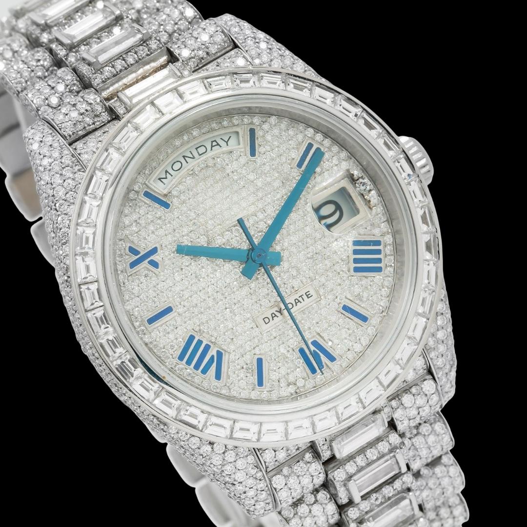 Rolex Day-Date Diamond Paved Dial Roman Numerals Baguette President Bracelet Iced Out Moissanite Watch Close Up Dial View