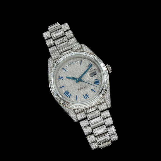 Rolex Day-Date Diamond Paved Dial Roman Numerals Baguette President Bracelet Iced Out Moissanite Watch Close Up Front View