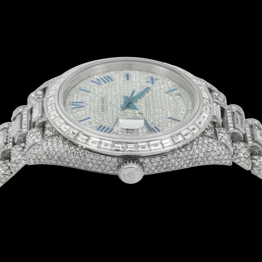 Rolex Day-Date Diamond Paved Dial Roman Numerals Baguette President Bracelet Iced Out Moissanite Watch Crown View