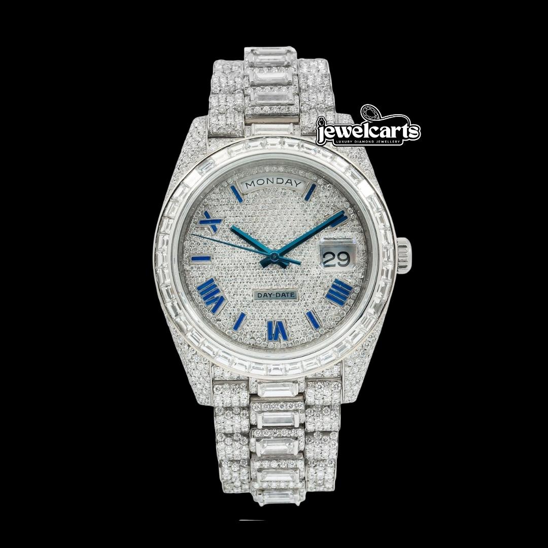 Rolex Day-Date Diamond Paved Dial Roman Numerals Baguette President Bracelet Iced Out Moissanite Watch Front View
