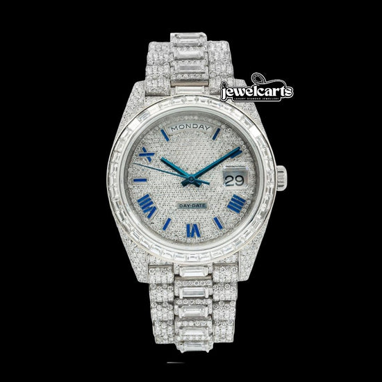 Rolex Day-Date Diamond Paved Dial Roman Numerals Baguette President Bracelet Iced Out Moissanite Watch Front View
