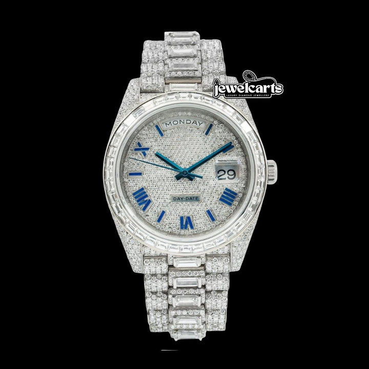 Rolex Day-Date Diamond Paved Dial Roman Numerals Baguette President Bracelet Iced Out Moissanite Watch Front View