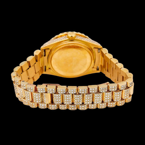 Rolex Day-Date Diamond Roman Blue Dial Full Iced Out President Bracelet Yellow Gold Moissanite Watch Caseback View