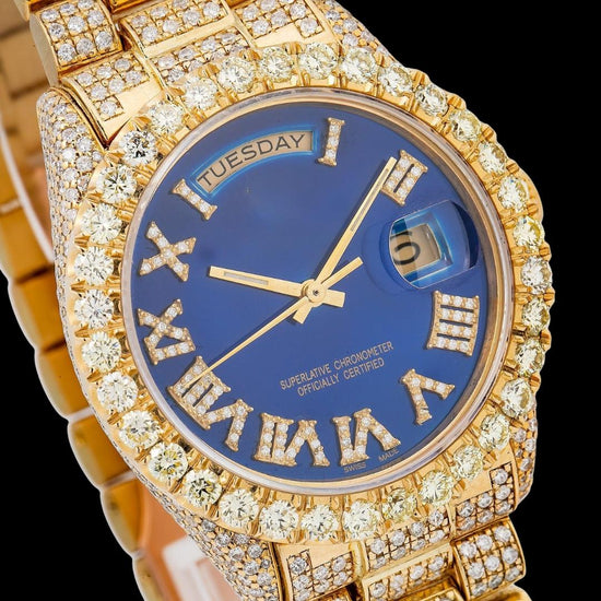 Rolex Day-Date Diamond Roman Blue Dial Full Iced Out President Bracelet Yellow Gold Moissanite Watch Close Up Dial View