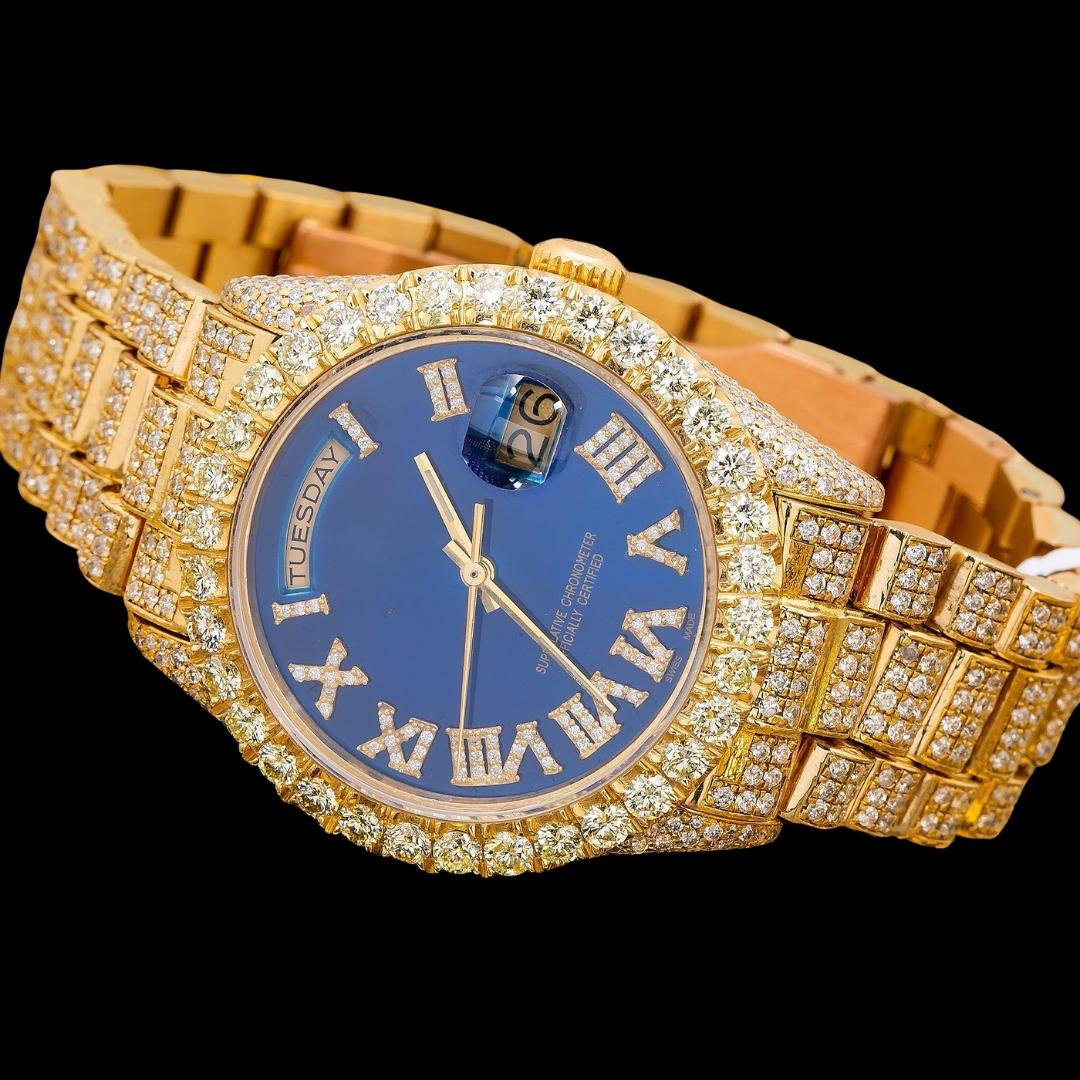 Rolex Day-Date Diamond Roman Blue Dial Full Iced Out President Bracelet Yellow Gold Moissanite Watch Close Up Front View