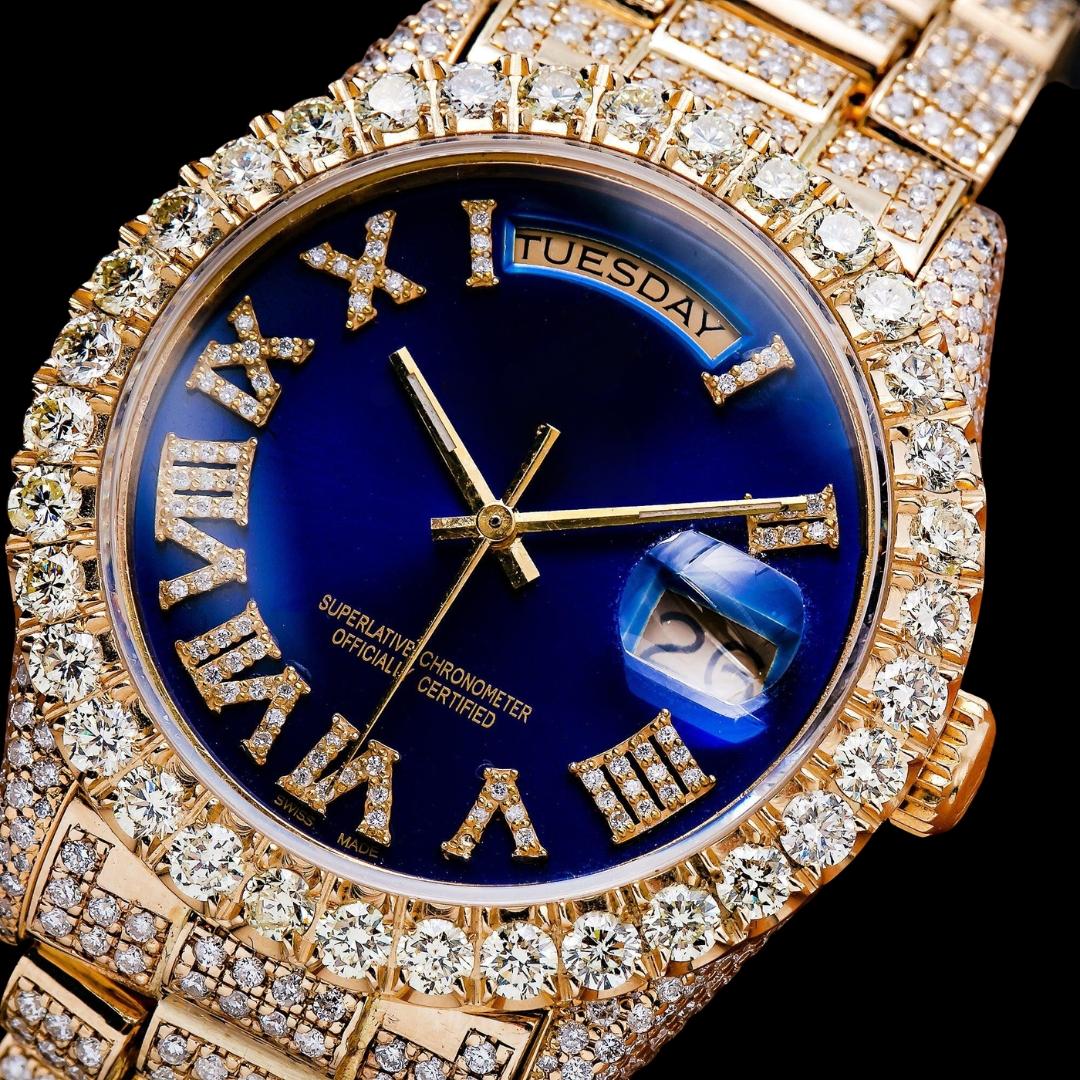 Rolex Day-Date Diamond Roman Blue Dial Full Iced Out President Bracelet Yellow Gold Moissanite Watch Close Up Numerals View