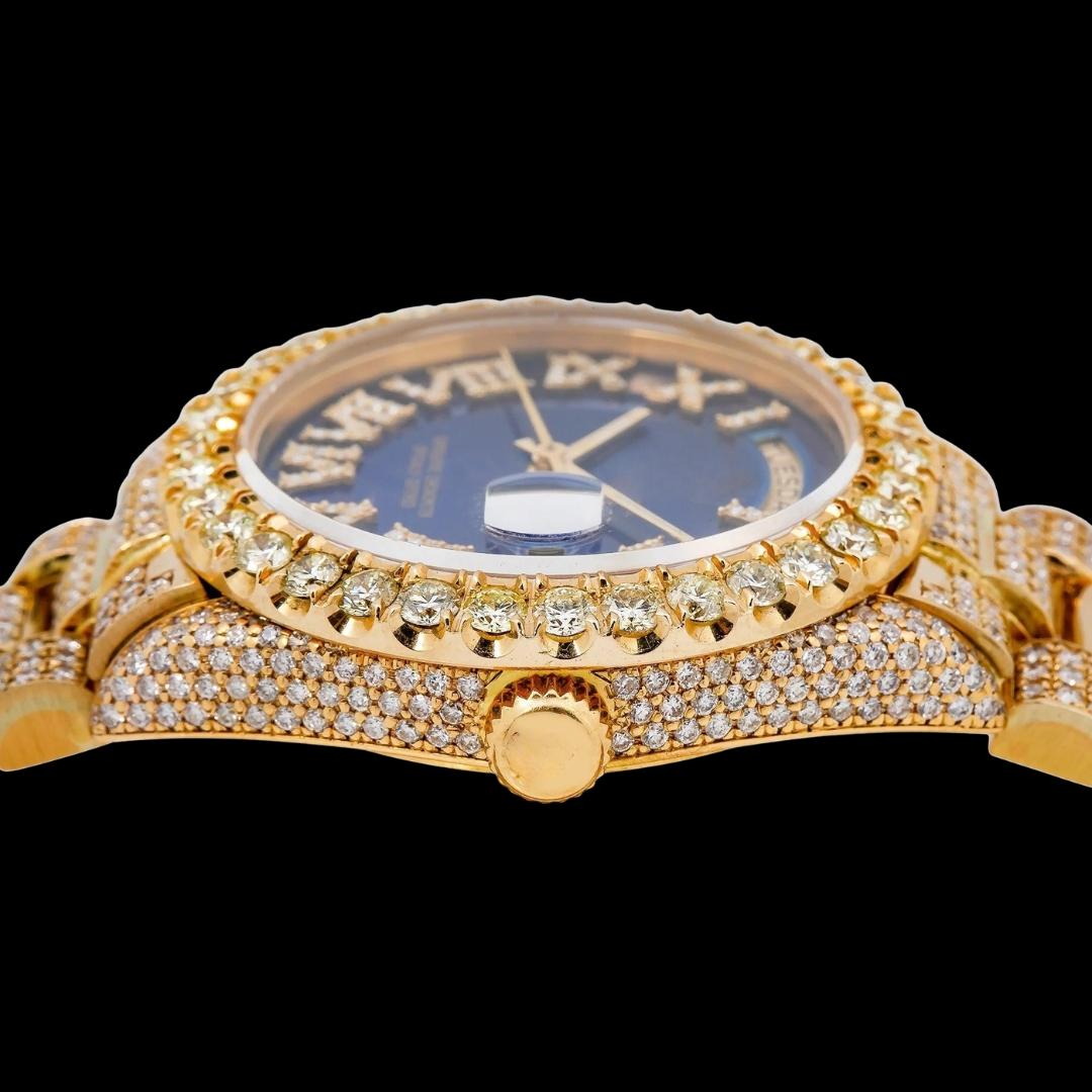 Rolex Day-Date Diamond Roman Blue Dial Full Iced Out President Bracelet Yellow Gold Moissanite Watch Crown View