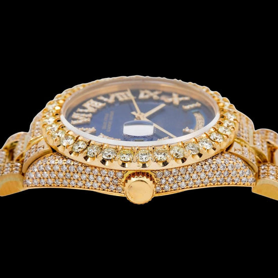 Rolex Day-Date Diamond Roman Blue Dial Full Iced Out President Bracelet Yellow Gold Moissanite Watch Crown View