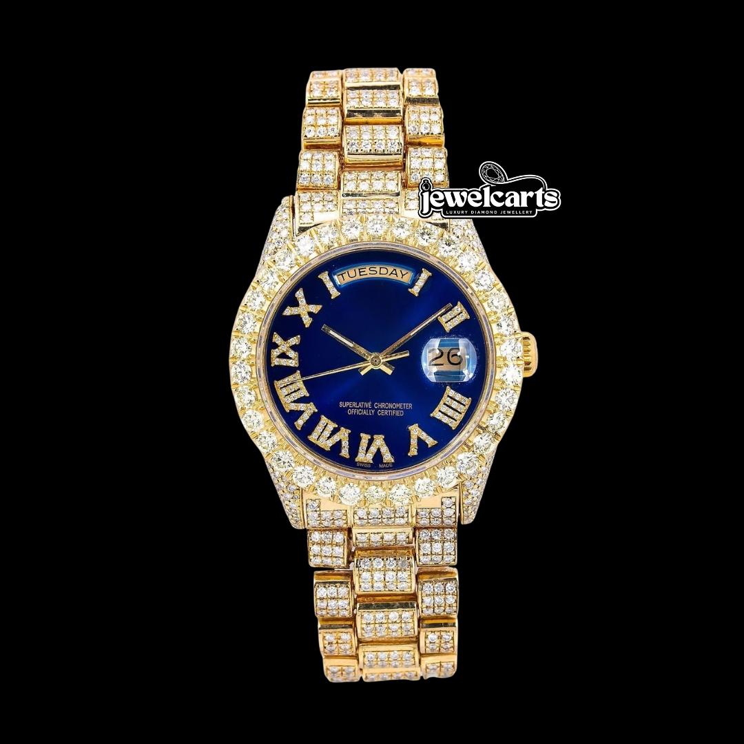 Rolex Day-Date Diamond Roman Blue Dial Full Iced Out President Bracelet Yellow Gold Moissanite Watch Front View