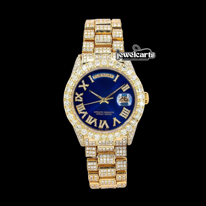 Rolex Day-Date Diamond Roman Blue Dial Full Iced Out President Bracelet Yellow Gold Moissanite Watch Front View