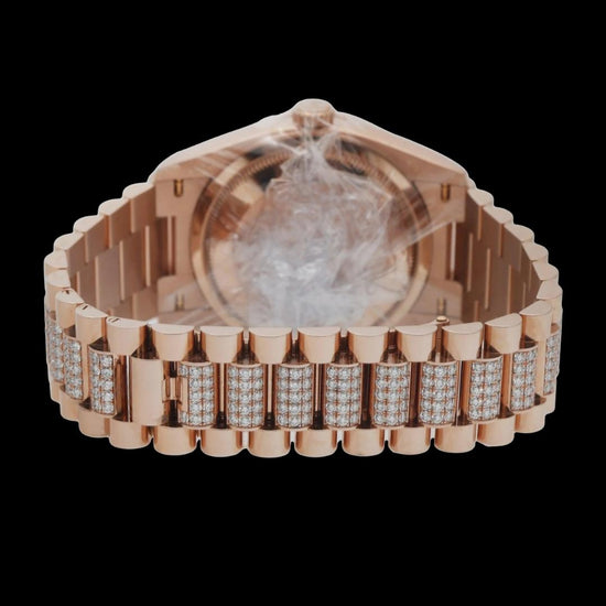 Rolex Day-Date Rainbow Stick Markers Dial President Bracelet Rose Gold Iced Out Moissanite Watch Caseback View