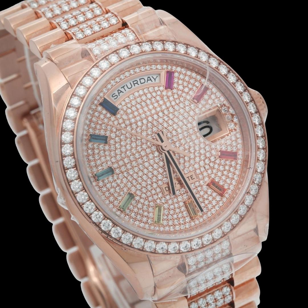 Rolex Day-Date Rainbow Stick Markers Dial President Bracelet Rose Gold Iced Out Moissanite Watch Close Up Dial View