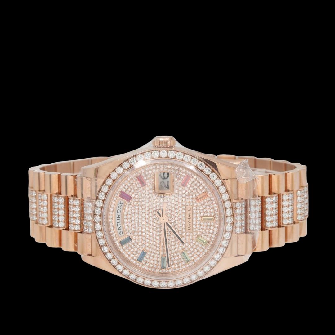 Rolex Day-Date Rainbow Stick Markers Dial President Bracelet Rose Gold Iced Out Moissanite Watch Close Up Front View