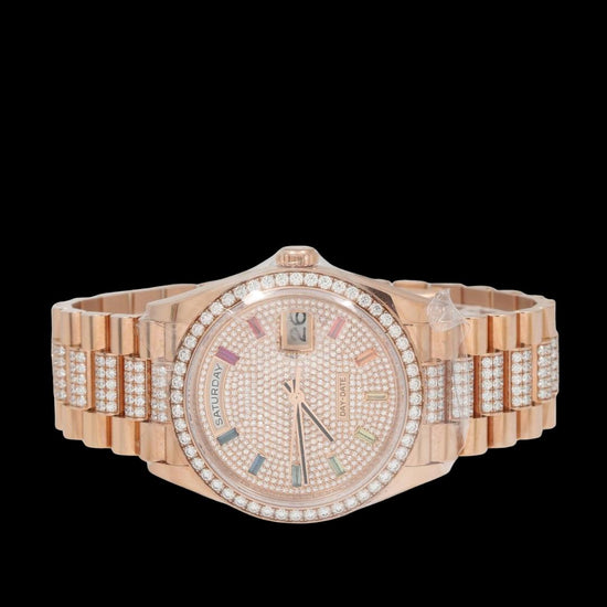 Rolex Day-Date Rainbow Stick Markers Dial President Bracelet Rose Gold Iced Out Moissanite Watch Close Up Front View