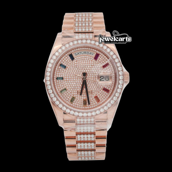 Rolex Day-Date Rainbow Stick Markers Dial President Bracelet Rose Gold Iced Out Moissanite Watch Front View