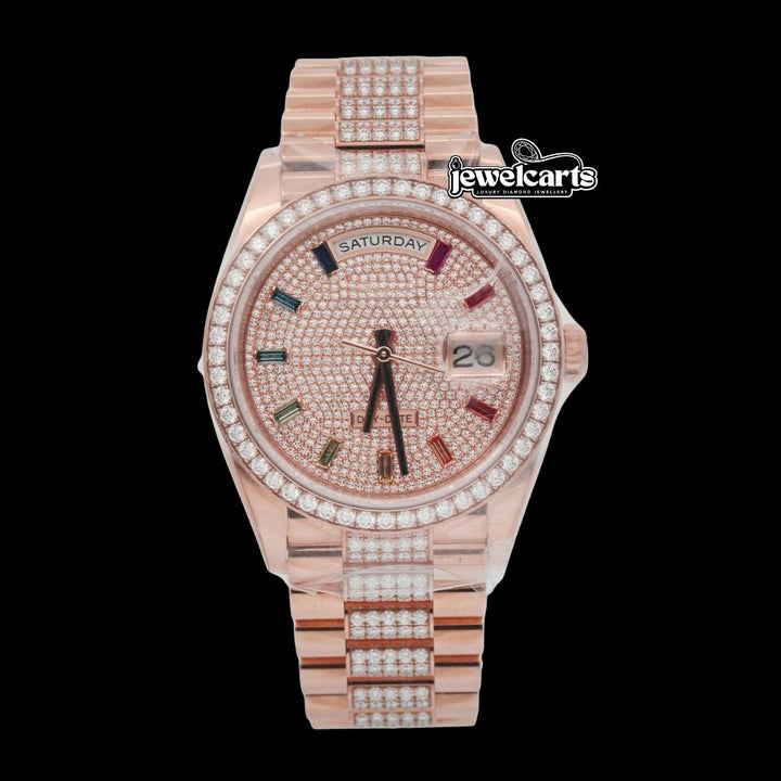 Rolex Day-Date Rainbow Stick Markers Dial President Bracelet Rose Gold Iced Out Moissanite Watch Front View
