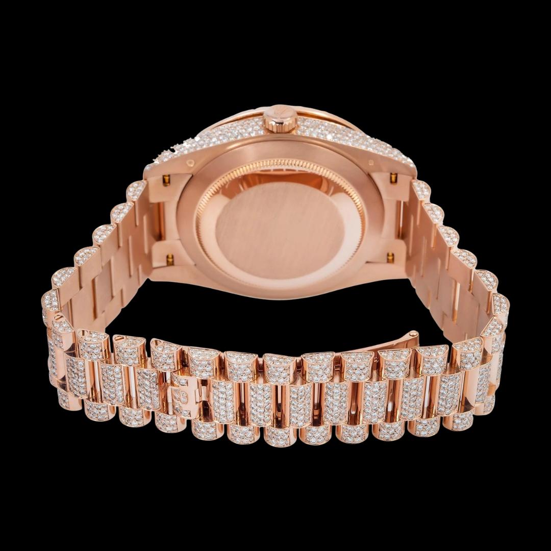 Rolex Day-Date Rose Gold Diamond Paved Dial Black Roman Numerals Fully Iced Out President Bracelet Moissanite Watch Caseback View