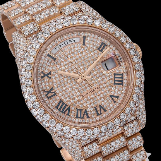 Rolex Day-Date Rose Gold Diamond Paved Dial Black Roman Numerals Fully Iced Out President Bracelet Moissanite Watch Close Up Dial View