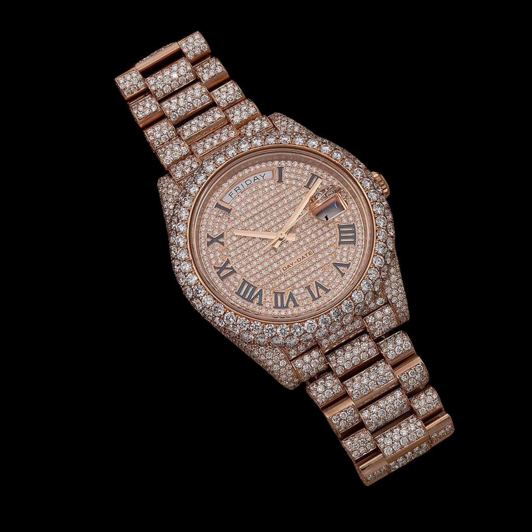 Rolex Day-Date Rose Gold Diamond Paved Dial Black Roman Numerals Fully Iced Out President Bracelet Moissanite Watch Close Up Front View