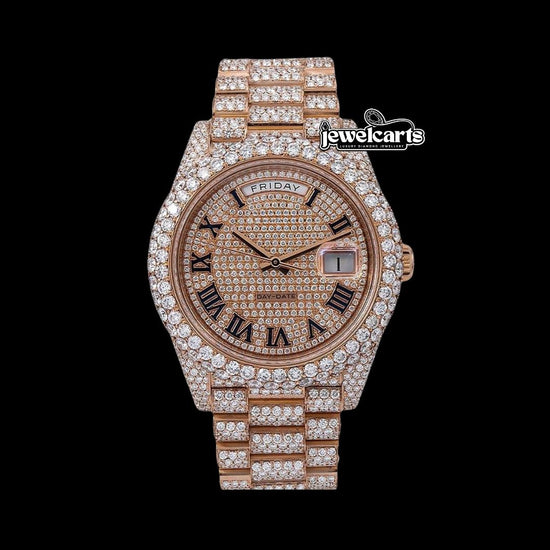 Rolex Day-Date Rose Gold Diamond Paved Dial Black Roman Numerals Fully Iced Out President Bracelet Moissanite Watch Front View