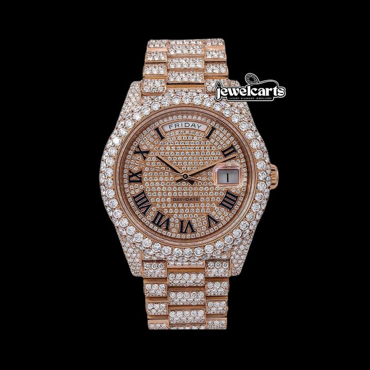 Rolex Day-Date Rose Gold Diamond Paved Dial Black Roman Numerals Fully Iced Out President Bracelet Moissanite Watch Front View