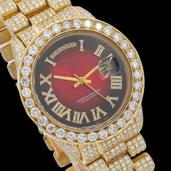 Rolex Day-Date Ruby Red Dial Diamond Roman Numerals Fully Iced Out Yellow Gold President Bracelet Watch Close Up Dial View