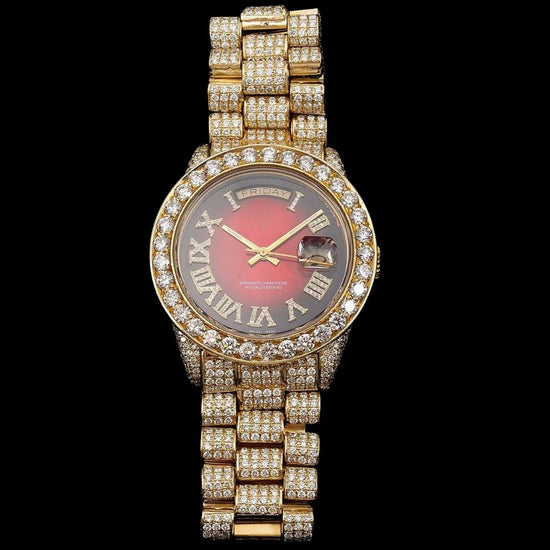 Rolex Day-Date Ruby Red Dial Diamond Roman Numerals Fully Iced Out Yellow Gold President Bracelet Watch Close Up Front View
