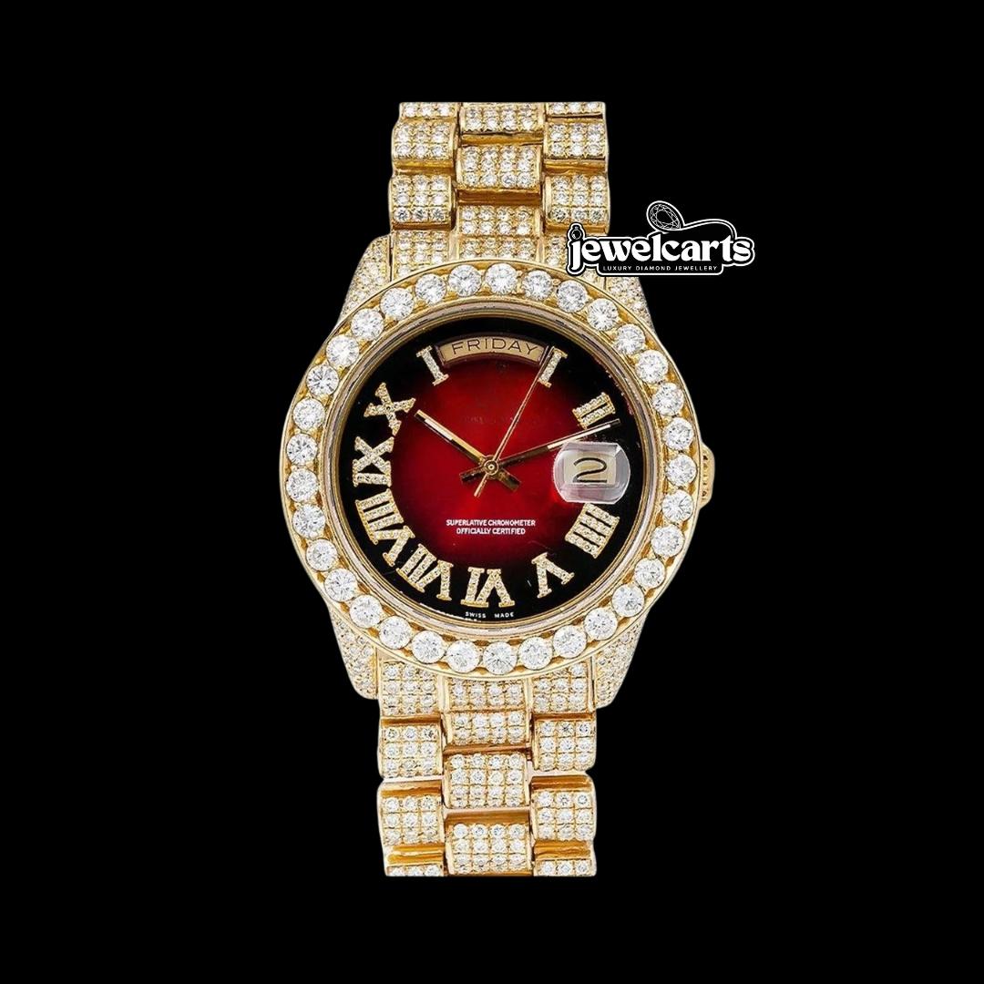 Rolex Day-Date Ruby Red Dial Diamond Roman Numerals Fully Iced Out Yellow Gold President Bracelet Watch Front View