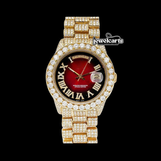 Rolex Day-Date Ruby Red Dial Diamond Roman Numerals Fully Iced Out Yellow Gold President Bracelet Watch Front View