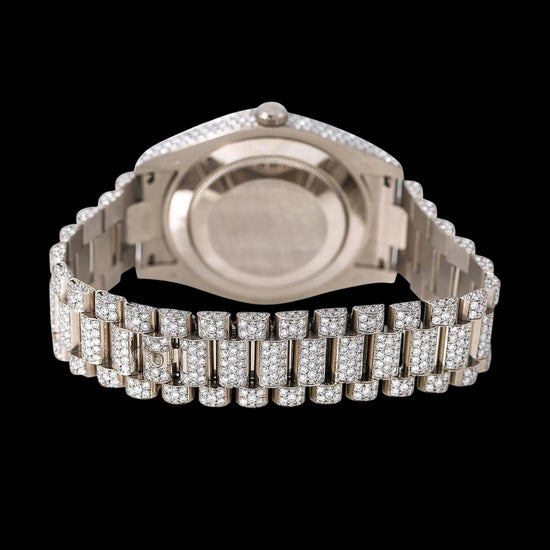 Rolex Day-Date White Diamond Dial Black Roman Numerals Fully Iced Out President Bracelet Moissanite Watch Caseback View