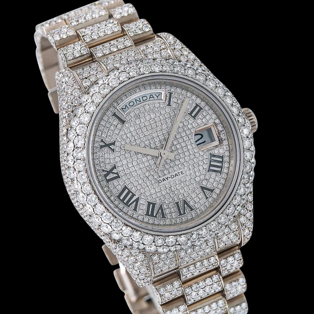 Rolex Day-Date White Diamond Dial Black Roman Numerals Fully Iced Out President Bracelet Moissanite Watch Close Up Dial View