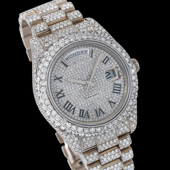 Rolex Day-Date White Diamond Dial Black Roman Numerals Fully Iced Out President Bracelet Moissanite Watch Close Up Dial View