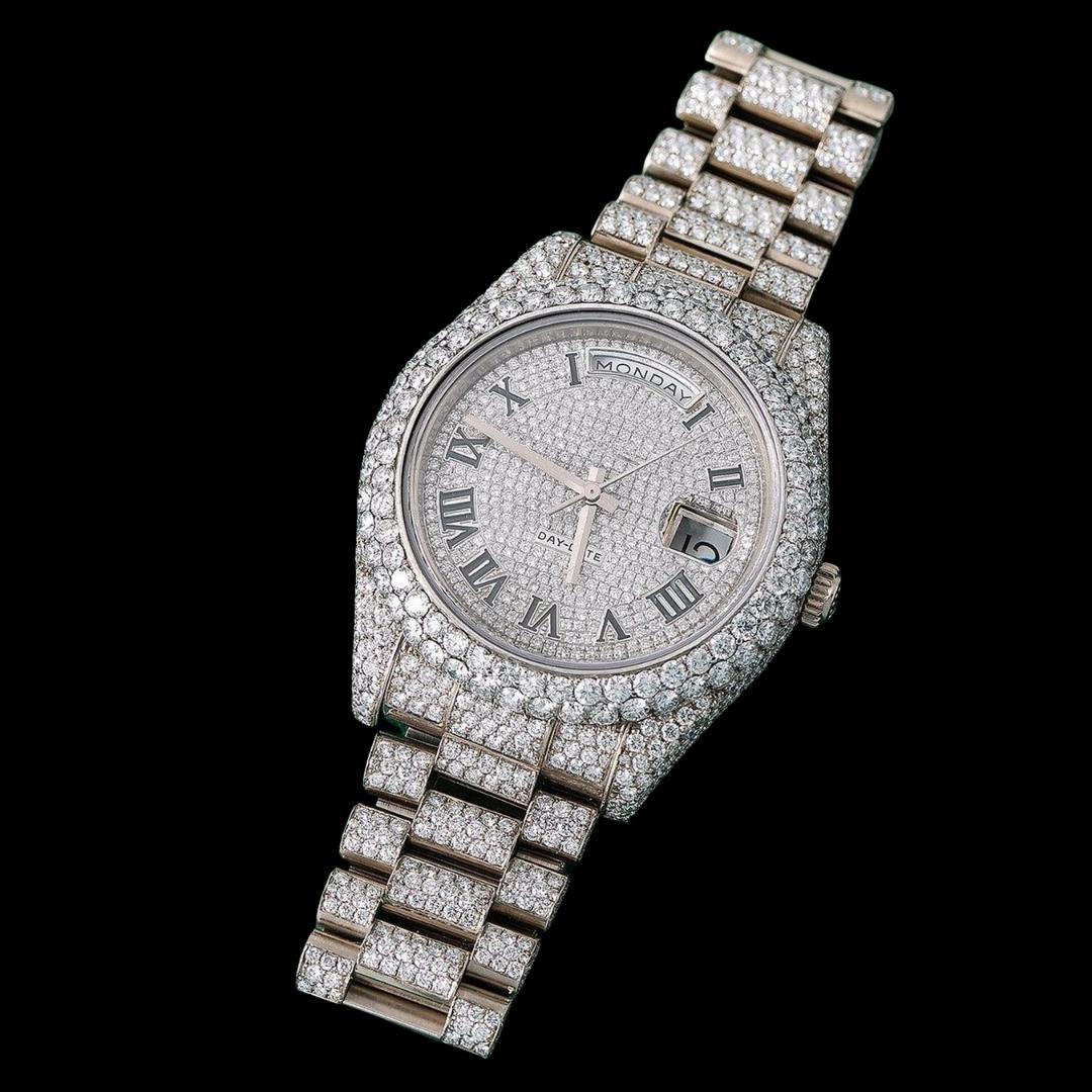 Rolex Day-Date White Diamond Dial Black Roman Numerals Fully Iced Out President Bracelet Moissanite Watch Close Up Front View
