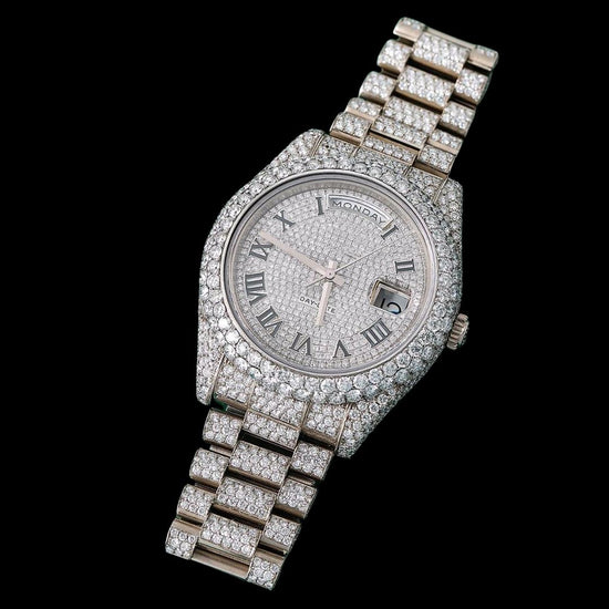 Rolex Day-Date White Diamond Dial Black Roman Numerals Fully Iced Out President Bracelet Moissanite Watch Close Up Front View