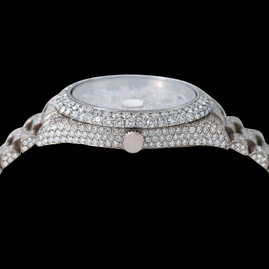 Rolex Day-Date White Diamond Dial Black Roman Numerals Fully Iced Out President Bracelet Moissanite Watch Crown View