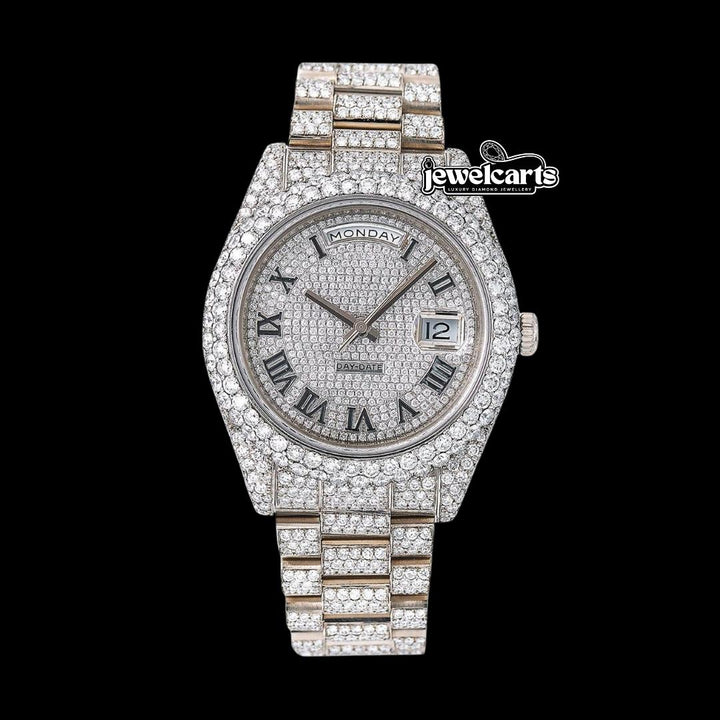 Rolex Day-Date White Diamond Dial Black Roman Numerals Fully Iced Out President Bracelet Moissanite Watch Front View