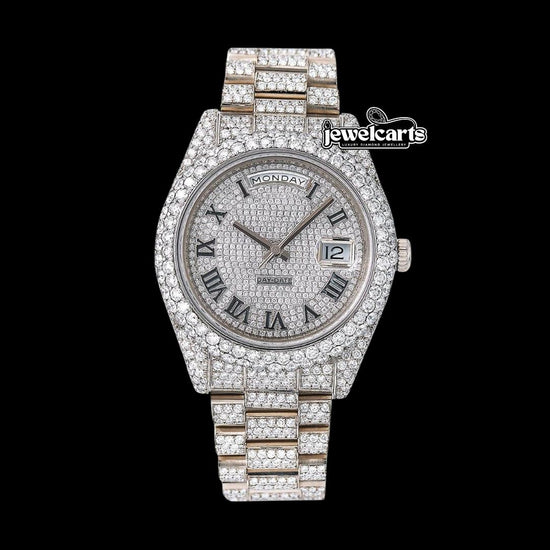 Rolex Day-Date White Diamond Dial Black Roman Numerals Fully Iced Out President Bracelet Moissanite Watch Front View
