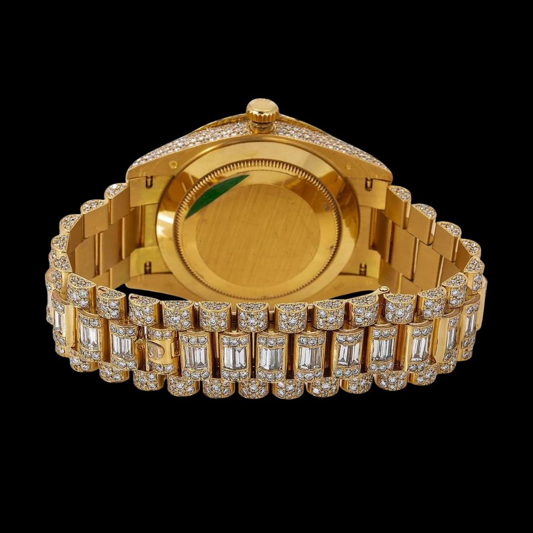 Rolex Day-Date Yellow Gold Diamond Paved Arabic Dial Baguette President Bracelet Iced Out Moissanite Watch Caseback View