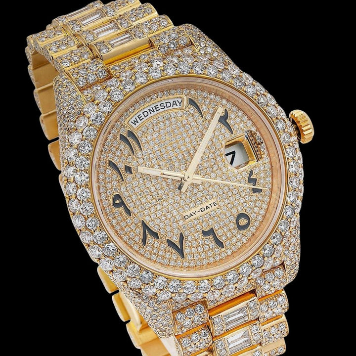Rolex Day-Date Yellow Gold Diamond Paved Arabic Dial Baguette President Bracelet Iced Out Moissanite Watch Close Up Dial View