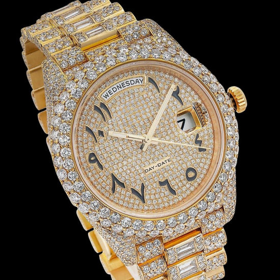 Rolex Day-Date Yellow Gold Diamond Paved Arabic Dial Baguette President Bracelet Iced Out Moissanite Watch Close Up Dial View