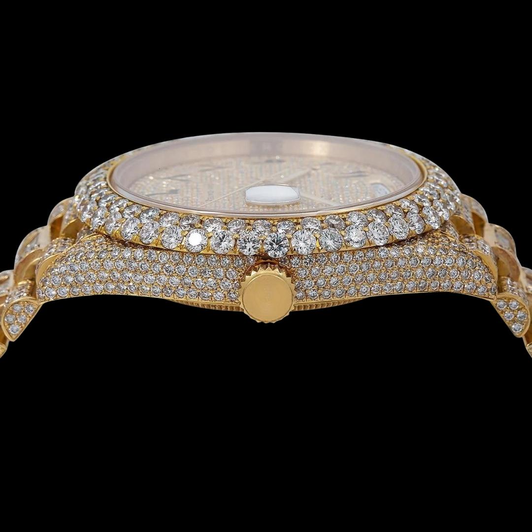 Rolex Day-Date Yellow Gold Diamond Paved Arabic Dial Baguette President Bracelet Iced Out Moissanite Watch Crown View
