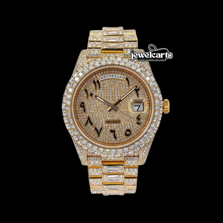 Rolex Day-Date Yellow Gold Diamond Paved Arabic Dial Baguette President Bracelet Iced Out Moissanite Watch Front View