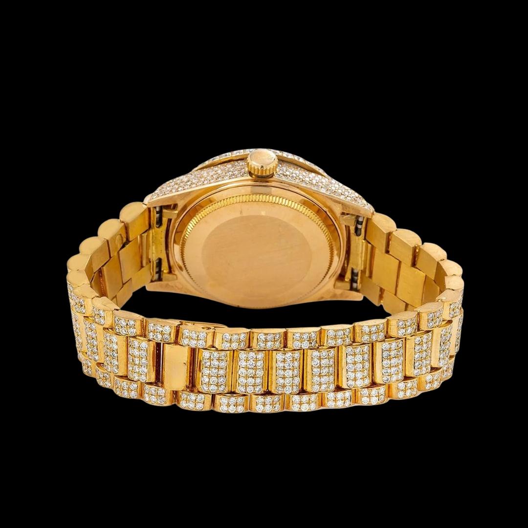 Rolex Day Date Black Arabic Numerals Yellow Gold Diamond Dial Fully Iced Out Moissanite Watch Caseback View
