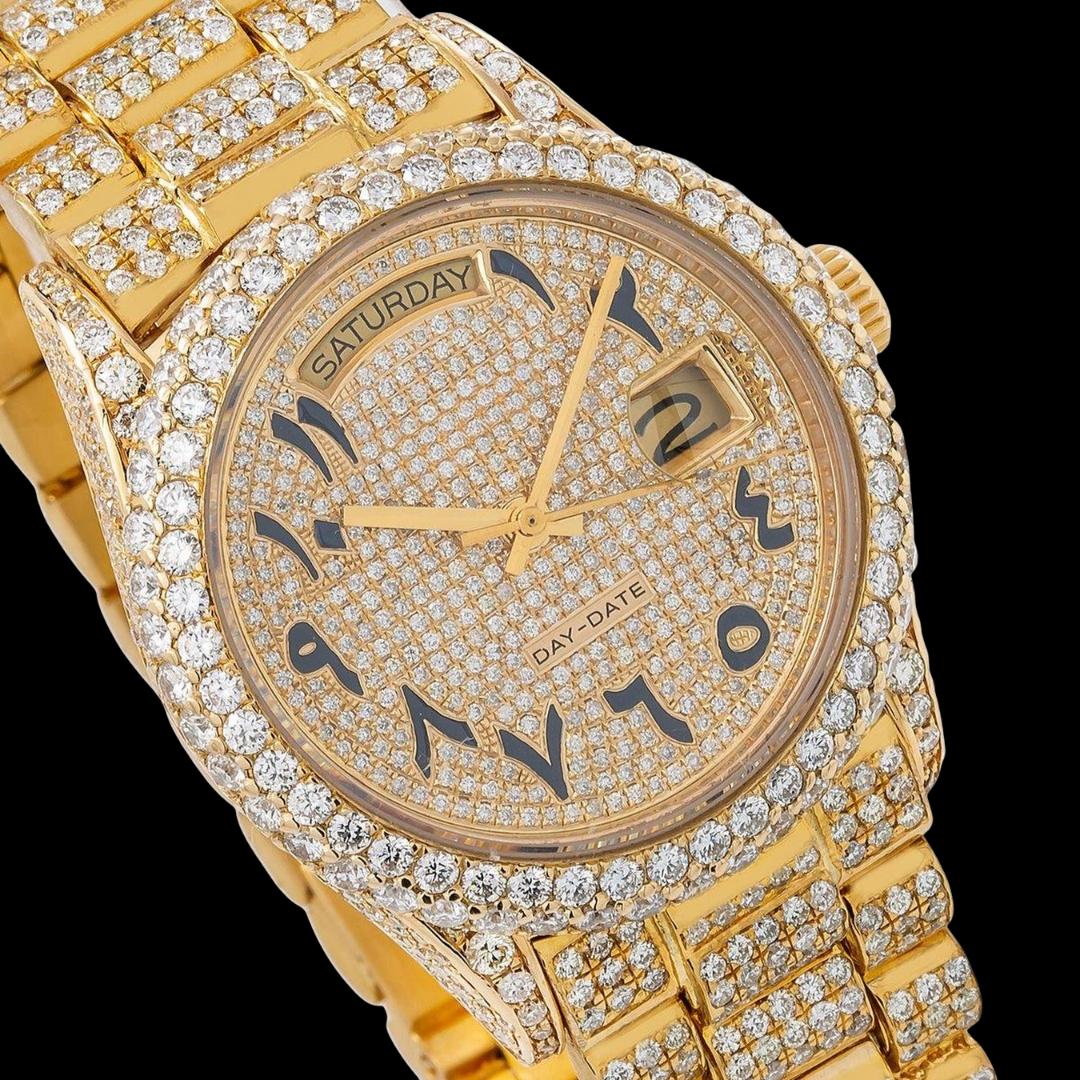 Rolex Day Date Black Arabic Numerals Yellow Gold Diamond Dial Fully Iced Out Moissanite Watch Close Up Dial View
