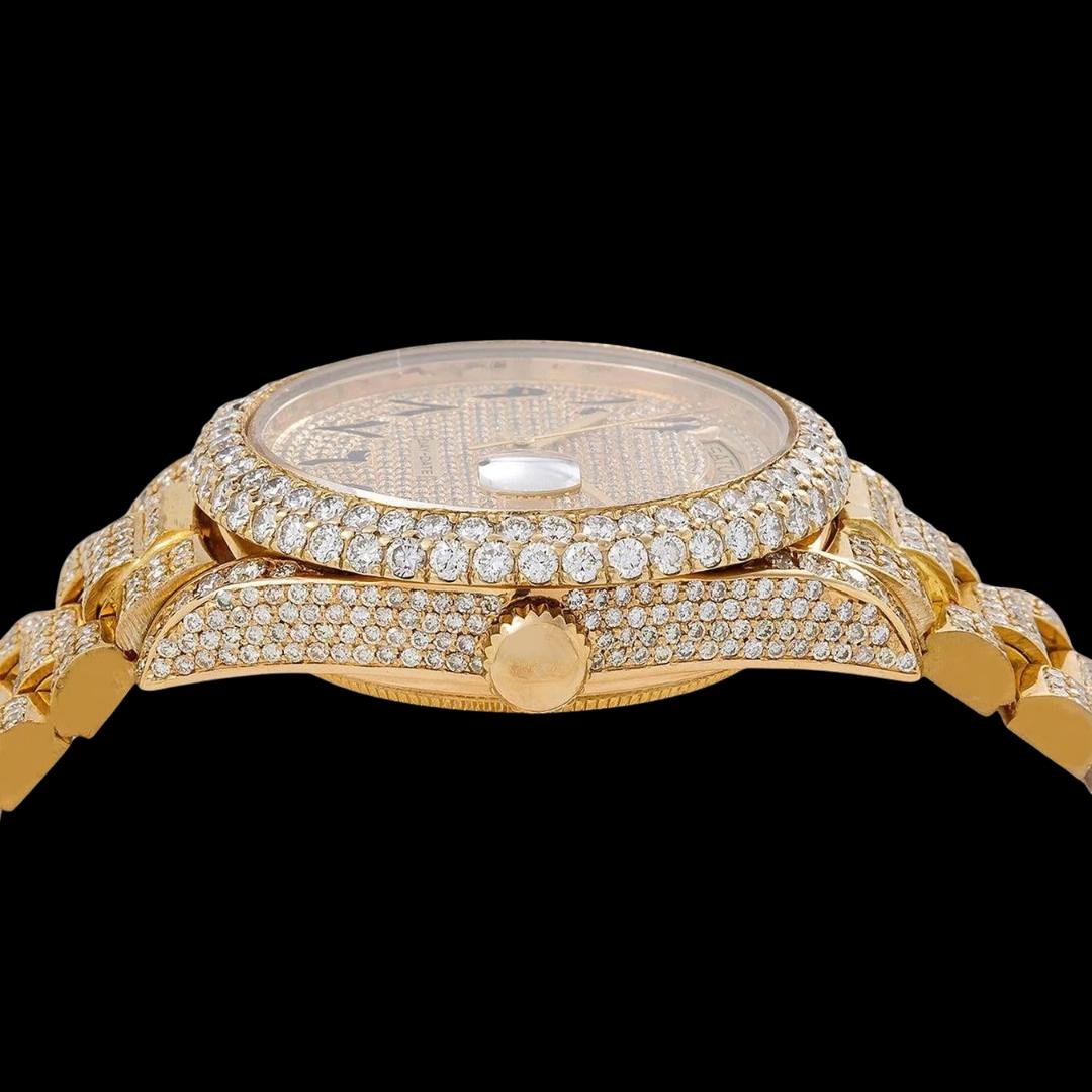 Rolex Day Date Black Arabic Numerals Yellow Gold Diamond Dial Fully Iced Out Moissanite Watch Crown View