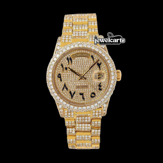 Rolex Day Date Black Arabic Numerals Yellow Gold Diamond Dial Fully Iced Out Moissanite Watch Front View
