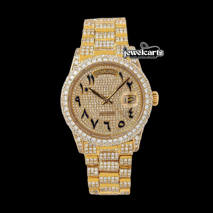 Rolex Day Date Black Arabic Numerals Yellow Gold Diamond Dial Fully Iced Out Moissanite Watch Front View