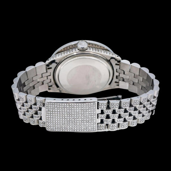 Rolex Diamond Bezel White Pearl Dial Diamond Roman Numerals Iced Out Jubilee Bracelet Moissanite Watch Caseback View