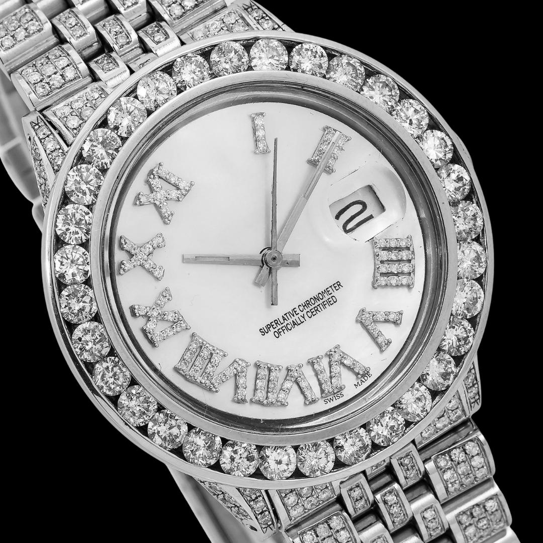 Rolex Diamond Bezel White Pearl Dial Diamond Roman Numerals Iced Out Jubilee Bracelet Moissanite Watch Close Up Dial View