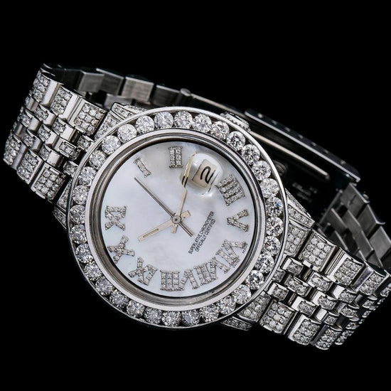 Rolex Diamond Bezel White Pearl Dial Diamond Roman Numerals Iced Out Jubilee Bracelet Moissanite Watch Close Up Front View